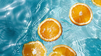 Fresh orange slices floating in clear blue water with sunlight reflections. Summer background concept