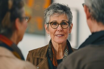 Wall Mural - Mature woman in eyeglasses looking at camera while talking with her colleague