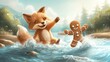 © Sippung - Cute fox and gingerbread man playing in a splashing river surrounded by trees and sunlight