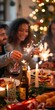© YURIMA - To create a cozy and joyous holiday vibe, gather friends with sparklers, drinks, candles for a festive celebration. Enjoy the warmth and happiness of togetherness in a cheerful atmosphere