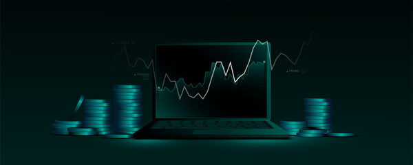 Wall Mural - technology background, laptop concept, data analysis graph, stock trading, finance