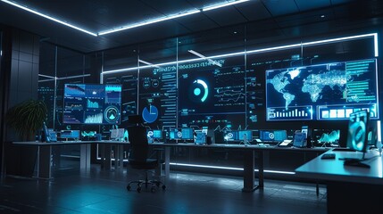 Fototapete - A modern marketers office with large screens displaying AI algorithms analyzing user behavior and optimizing ad campaigns. Generative AI
