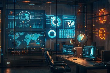Leinwandbilder - A modern marketers office with multiple screens displaying AI algorithms analyzing user behavior and optimizing ad campaigns. Generative AI