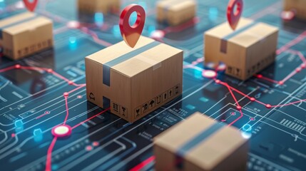 Logistics and shipping map, highlighting courier service tracking points and delivery paths, online concept, raw style