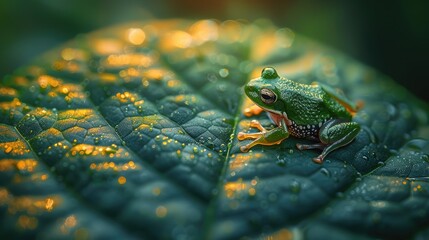 Close-up of a green frog on leaves with sunlight, perfect for nature and wildlife themes