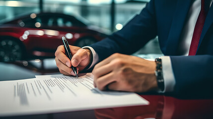 Businessman signing a contract at a desk with a luxury car in the background, illustrating agreement and professionalism. Concept of business, contract, and success.

