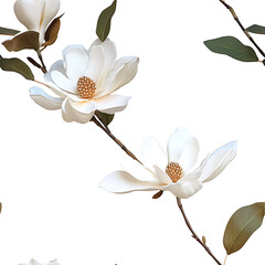 Wall Mural - Seamless White magnolia flower on white background.