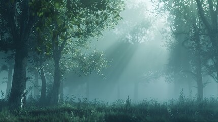 Canvas Print - Misty morning in a tranquil forest with rays of sunlight filtering through the dense canopy of lush green trees
