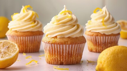 Wall Mural - Tasty delicious lemon cream cupcake with lemon zest on light background