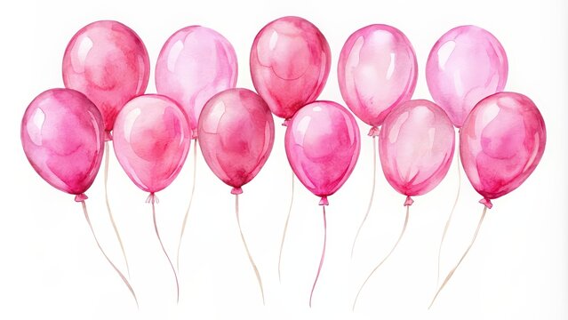 Watercolor pink balloons set isolated on white background for invitation and card decoration, watercolor, pink, balloons, set, isolated, white background, star shaped, heart shaped