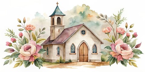 Antique church with watercolor flower clipart on white background, antique, church, flowers, watercolor, clipart, white background, vintage, architecture, historic, religious, floral, art