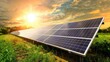 © AI Farm - Solar panels in a lush green field under a vibrant sunset sky, representing renewable energy and sustainable power sources.