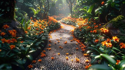 Wall Mural - Enchanting garden path illuminated with soft light, surrounded by lush greenery and vibrant flowers in a serene setting