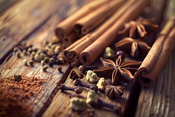A close-up shot of cinnamon sticks, star anise, cardamom pods, and cloves arranged on a rustic wooden surface. Generative AI