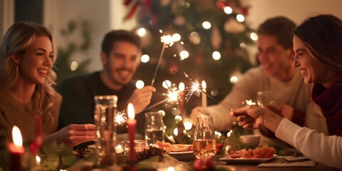 Celebrate the holiday season with a warm and cheerful dinner party surrounded by candlelit Christmas tree to create a festive atmosphere. Enjoy the joy and companionship of friends and family