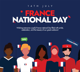 Wall Mural - France National Day. 14th July Happy Bastille Day or France National Day greeting social media web banner design template with a group of diverse people with French Flags stock illustration.