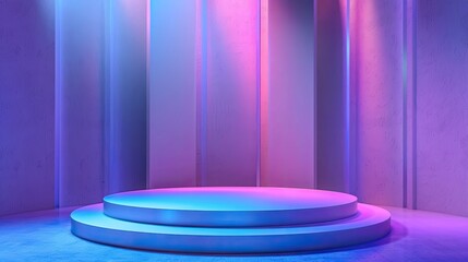 Wall Mural - Minimalistic podium stage with soft neon lights in blue and pink hues, ideal for modern presentations and displays