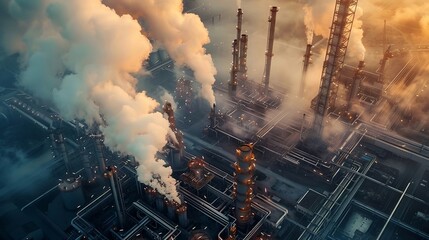 Wall Mural - Aerial perspective of an oil refinery with towering smoke plumes illuminated by the first light of day