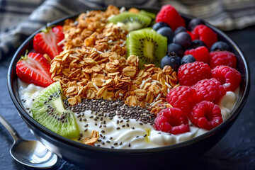 Bowl with Greek yogurt, granola, chia seeds and fresh fruits and berries.