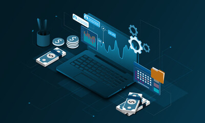 Wall Mural - laptop technology background image, trading data analysis charts, financial indicators