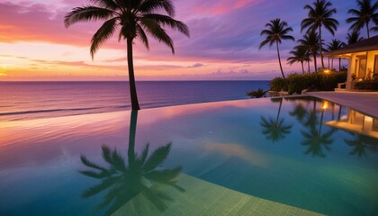 Wall Mural - Create a high-definition image of an infinity pool merging seamlessly with the ocean, under a vibrant sunset sky, framed by gently swaying palm trees.