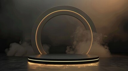 Wall Mural - Sleek black stage with glowing circular light and smoke effects, creating a mystical and dramatic setting