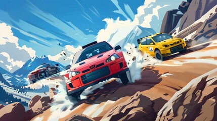 Wall Mural - Rally racing car on dirt track, in the mountains, extreme sport activities theme, created with generative ai