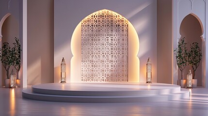 Elegant arabic podium stage with soft arches and intricate hanging lanterns for islamic events and presentations product