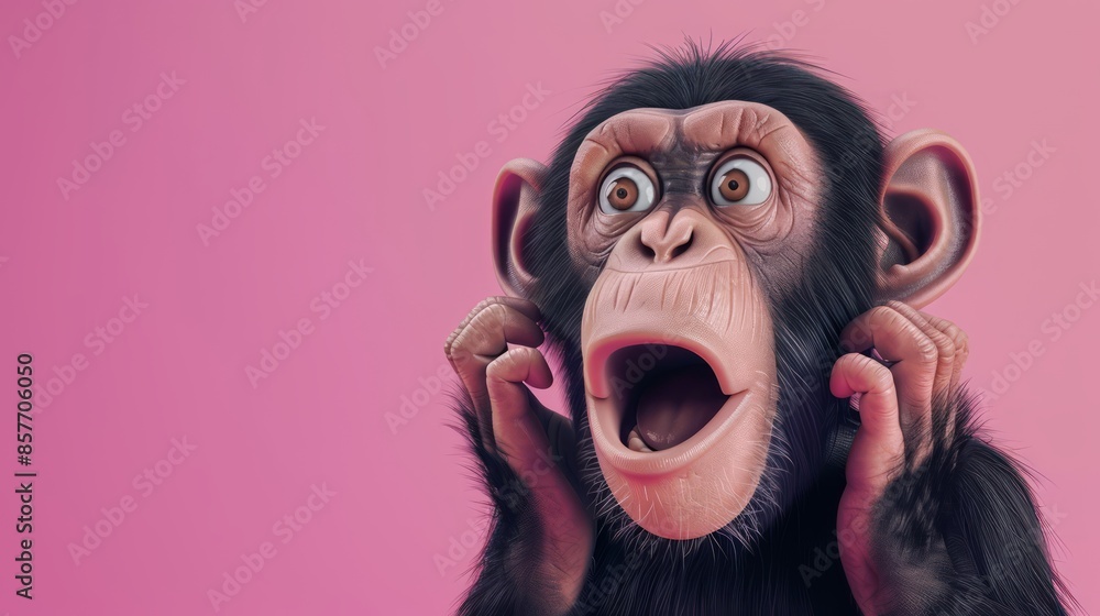 Cute cartoon monkey is excited and shocked isolated on pink background ...