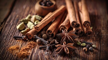 Wall Mural - Close-up of cinnamon sticks, cardamom pods, cloves, and star anise arranged on a wooden surface. Generative AI