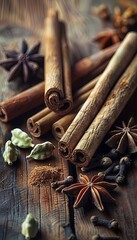 Wall Mural - A close-up view of various spices used for tea, including cinnamon sticks, cardamom pods, cloves, and star anise, arranged on a rustic wooden surface. Generative AI