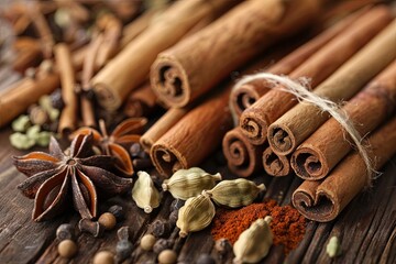 Fototapete - Cinnamon sticks, cardamom pods, cloves, and star anise arranged on a rustic wooden surface, ready to be used for making aromatic tea. Generative AI