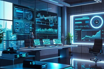 Leinwandbilder - A modern marketers office with screens displaying AI algorithms analyzing user behavior and optimizing ad campaigns. Generative AI
