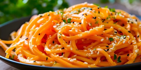 Wall Mural - Delicious Carrot Noodles with Sesame Seeds and Herbs - Perfect for Vegetarian Diets. Concept Vegetarian Cooking, Healthy Recipes, Plant-Based Meals, Fresh Ingredients, Easy Dinner Ideas
