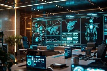 Leinwandbilder - A modern marketers office featuring screens displaying AI algorithms analyzing user behavior and optimizing ad campaigns. Generative AI