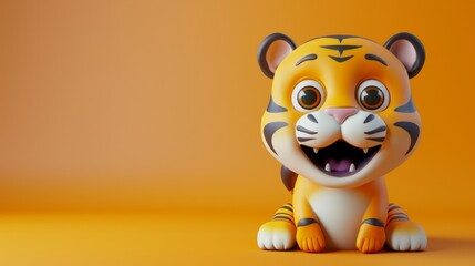 Wall Mural - Cute cartoon tiger is excited and startled, isolated on yellow background. 3D illustration.