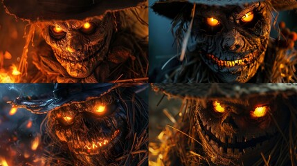 Wall Mural - A close-up of a detailed, spooky scarecrow face with glowing eyes.