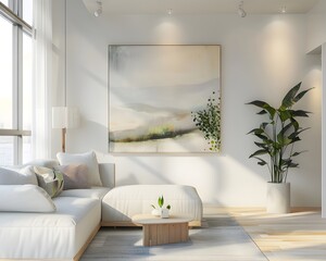 Wall Mural - A white living room with a large painting on the wall and a potted plant