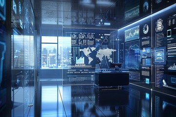 Leinwandbilder - A modern office setting with screens displaying AI algorithms analyzing user behavior and optimizing ad campaigns. Generative AI
