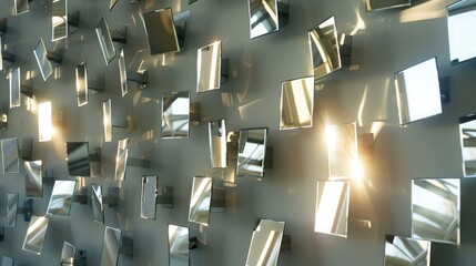 Wall Mural - An artistic display of small, square mirrors, each angled slightly differently to reflect light across the room