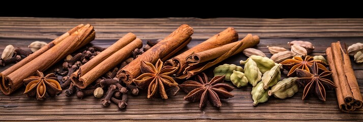 Wall Mural - A close-up image of cinnamon sticks, cardamom pods, cloves, and star anise arranged on a wooden surface. Generative AI
