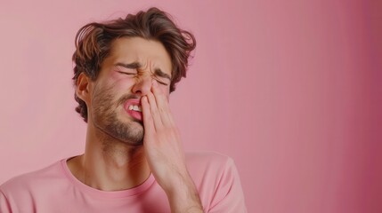 Wall Mural - Man holding nose in discomfort against a pink background
