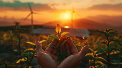 Wall Mural - A close-up of hands holding a green sapling, with a backdrop of solar panels and wind turbines silhouetted against a vibrant sunset.