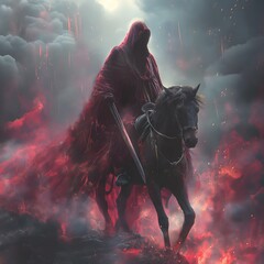 The Second of the Four Horsemen of the Apocalypse, Given a Great Sword and Riding a Red Horse Symbolizing War and Bloodshed. Bible illustration from the Book of Revelation
