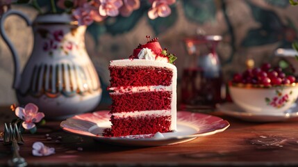 Wall Mural - Delicious Red Velvet Cake on Decorated Plate for Food Promotion Generative AI