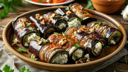 Wall Mural - Delicious Eggplant Rolls with Cottage Cheese Filling on a Plate Generative AI