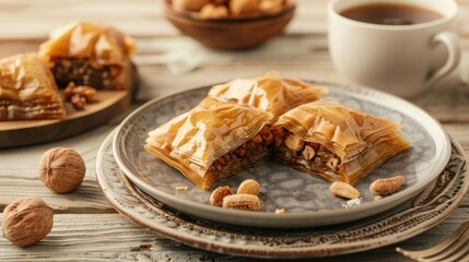 Wall Mural - Delicious Baklava Dessert on a Kitchen Table Generative AI