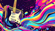 © Mary Salen - pop art 60s psychedelic colorful trippy retro style image of an electric guitar and amplifier with music coming out of it in fat colorful waves and dance party atmosphere background