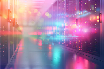 abstract digital banner of security network connection with data center and web server in background
