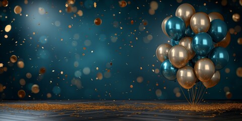 Group of shiny gold balloons with scattered confetti on a reflective surface, creating a festive celebration atmosphere.
